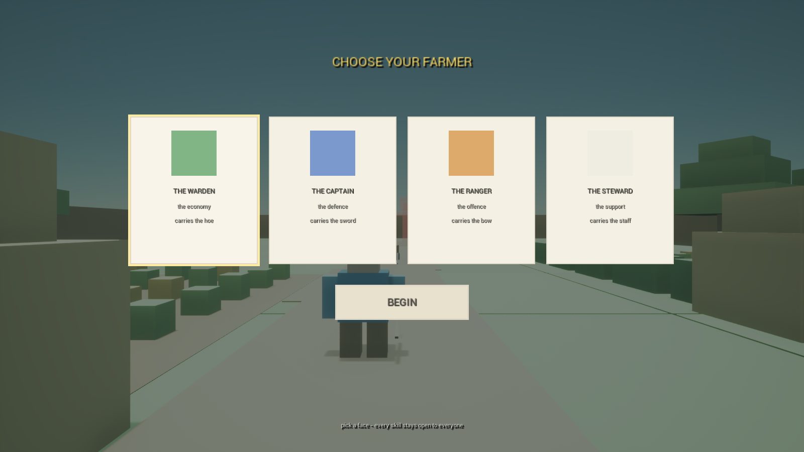 Four farmer classes on the character select screen in CropCorp, with the village at dusk behind them.