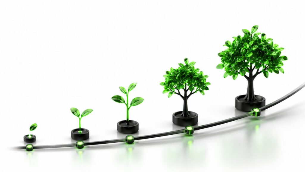 Seedlings growing into a tree along a curved timeline, illustrating how long SEO takes to work