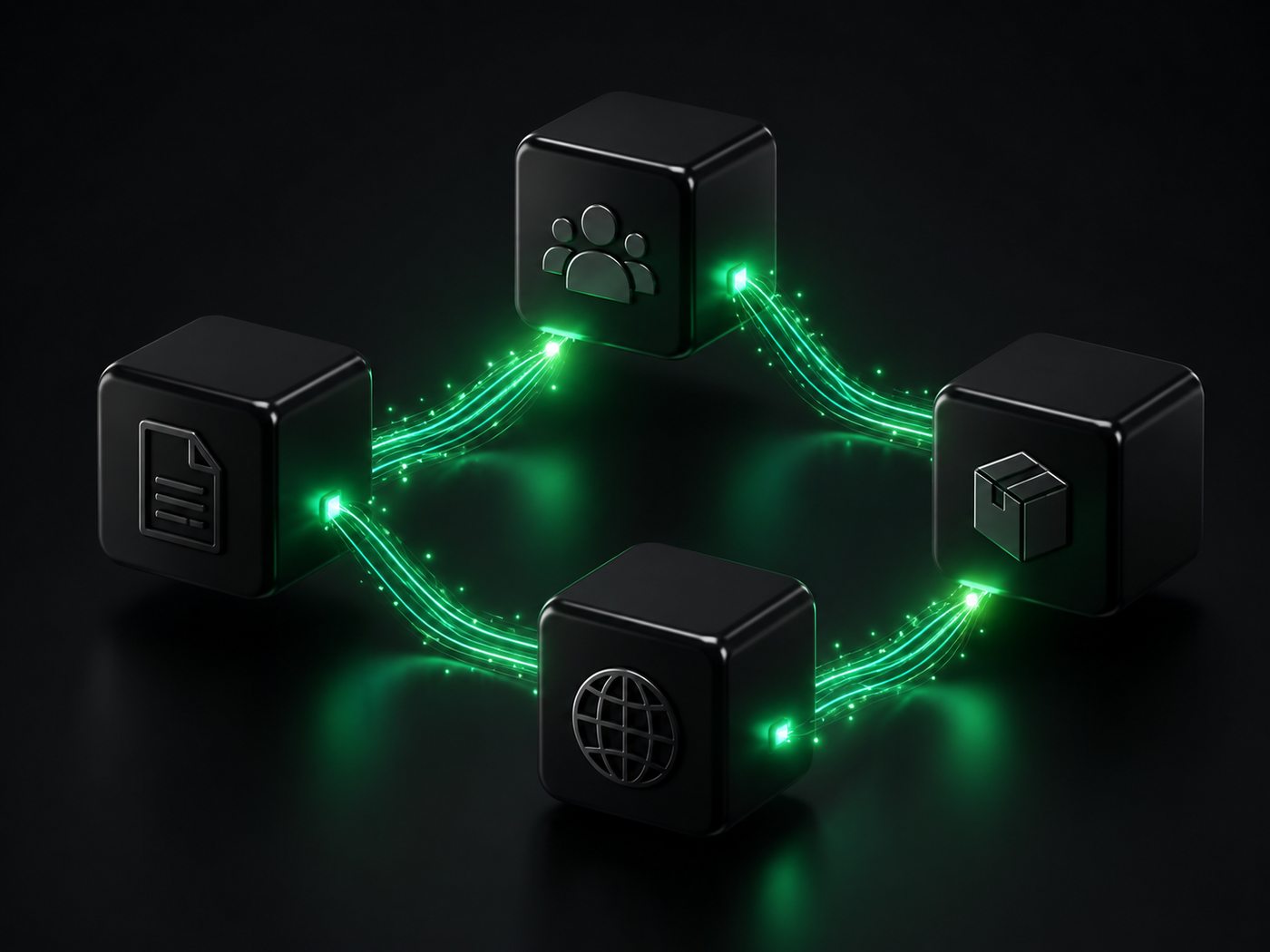 Four charcoal system cubes connected by glowing green data trails